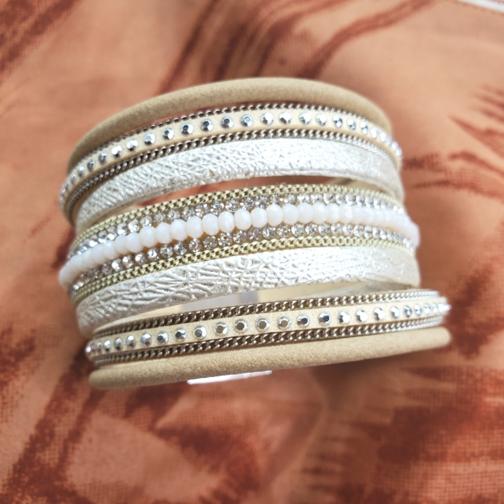FINAL DROP!! Tan Faux Suede & Gold Faux Leather Bohemian Wrap Style Bracelet - Picture 6 of 9